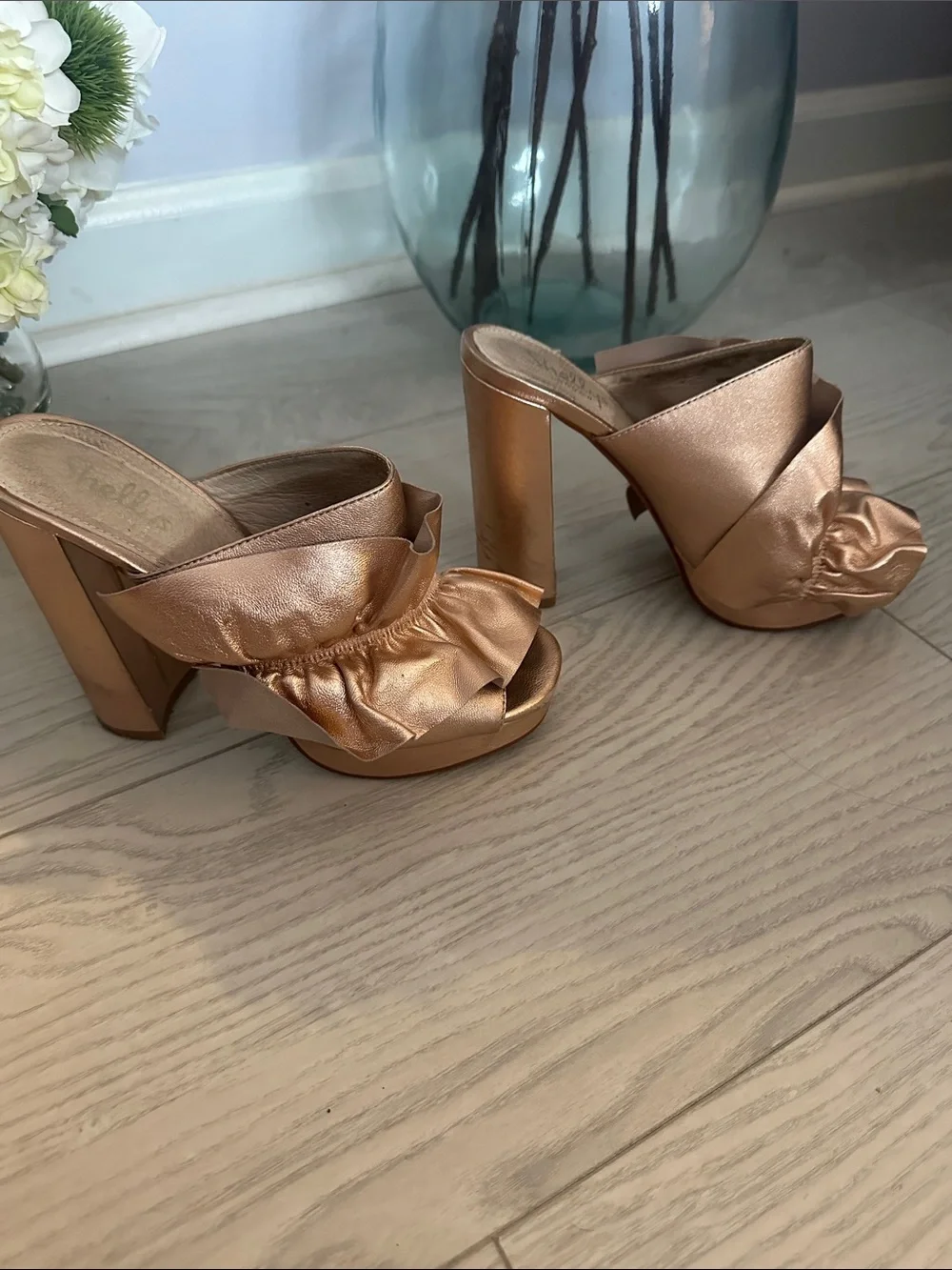Shellys London Metallic Copper Ruffle Block Heel Mules - Picture 2 of 7